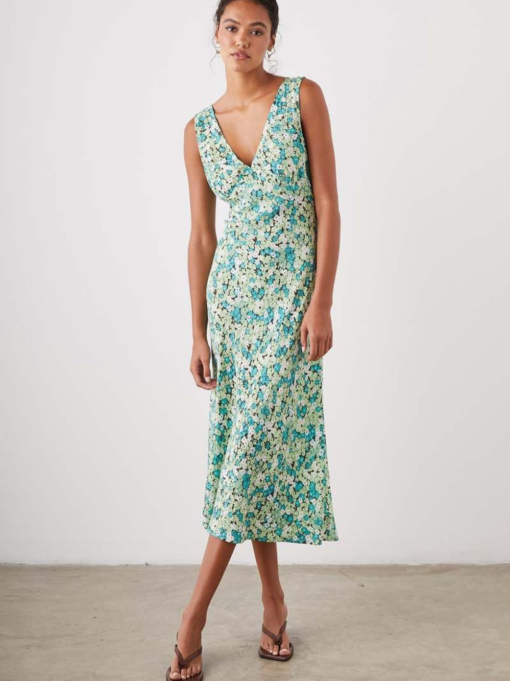 Rails Audrina Floral Print V-Neck Bias Cut Sleeveless Midi Slip Dress